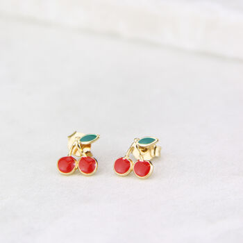 Girls Red Cherries Enamel Stud Earrings, 2 of 8