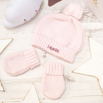 Baby Girl Personalised Bobble Hat And Mittens Gift Set, 3 of 12