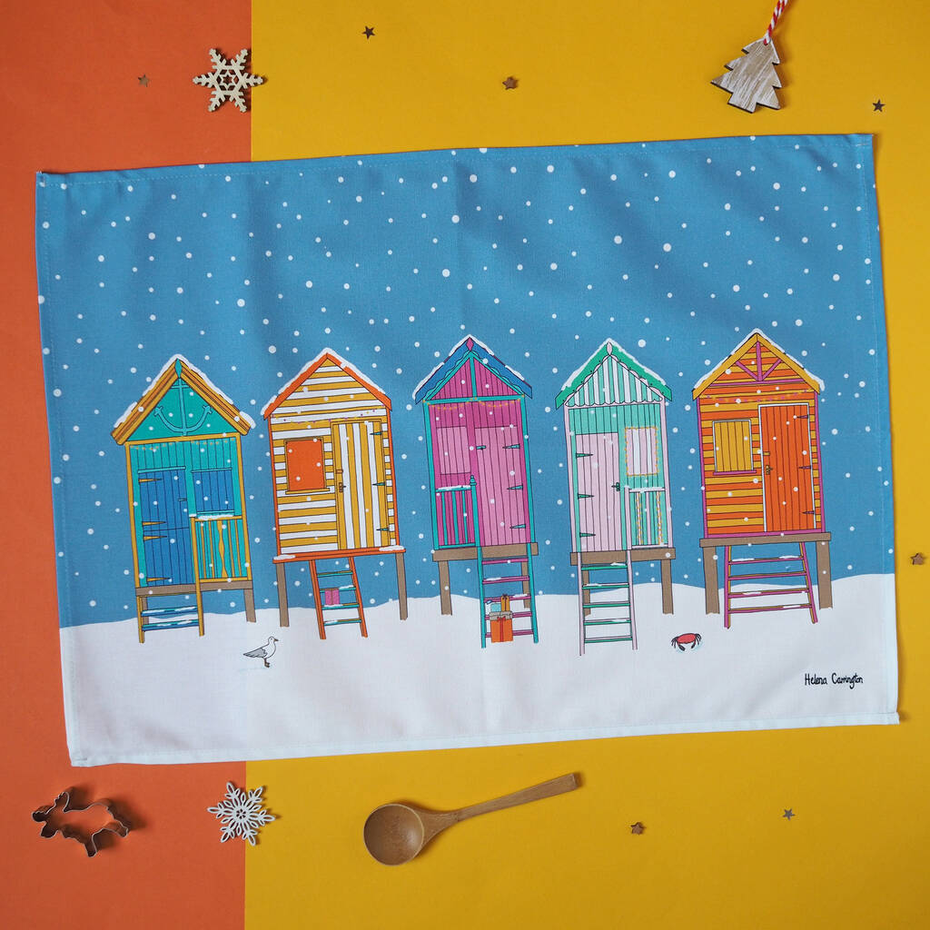 Norfolk Beach Huts Christmas Tea Towel, 1 of 3
