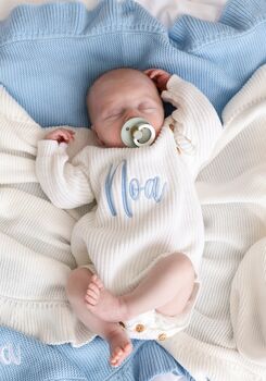 White Personalised Embroidered New Baby Name Long Sleeve Knitted Romper, 2 of 12