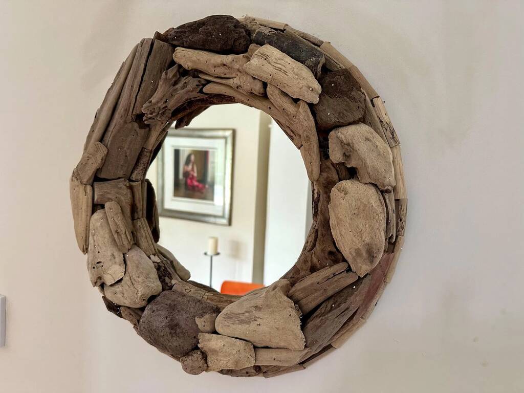 40cm Driftwood Wall Mirror Handcrafted Wooden Round, 1 of 7