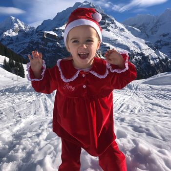 Girls Personalised Red Velvet Christmas Pyjamas, 3 of 4