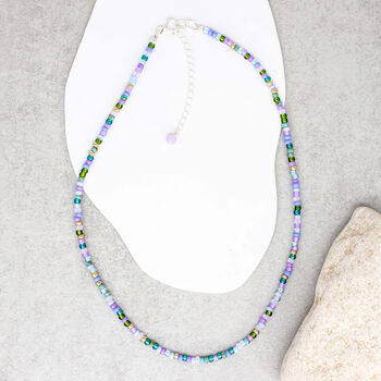 Willow 14 Inch Blue, Purple, Olive And Teal Seed Bead Necklace, 3 of 4