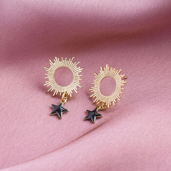 Sun Earrings With Black Enamel Star Drop, 7 of 10