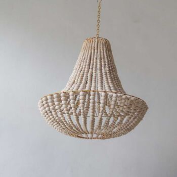 Handcrafted Wood Beaded Chandelier, White Wash Pendant, 2 of 6