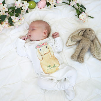 Personalised Flower Crown Bunny Baby Sleepsuit, 4 of 6
