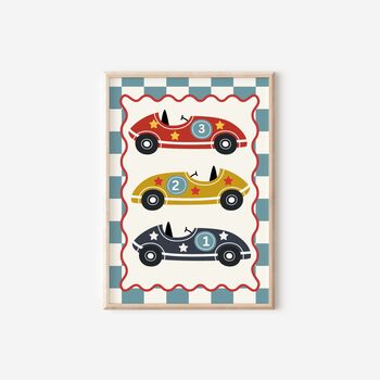 Personalised Boys Nursery Prints Set | Racing Car And Rocket Wall Art, 4 of 6