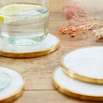 Set Of Four Round White Marble And Brass Coasters, 2 of 5