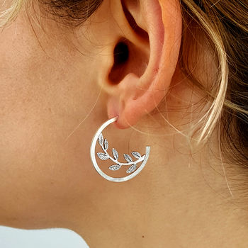 Mismatched Silver Hoop Studs With Bird And Leaves, 4 of 5