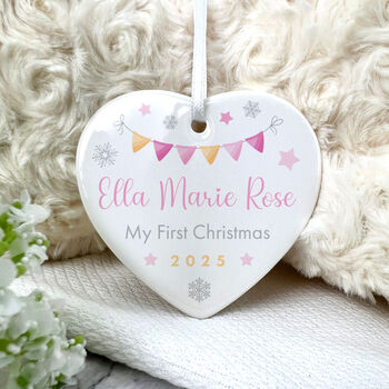 My First Christmas Baby Girl Garland Ceramic Heart Hanging Decoration Bauble + Gift Box, 3 of 7