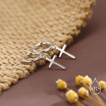 Sterling Silver Minimalist Cross Huggie Hoop Earrings, 2 of 12