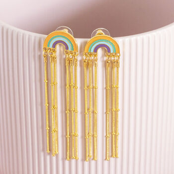Boho Rainbow Earrings With Long Chain Drops, 5 of 7