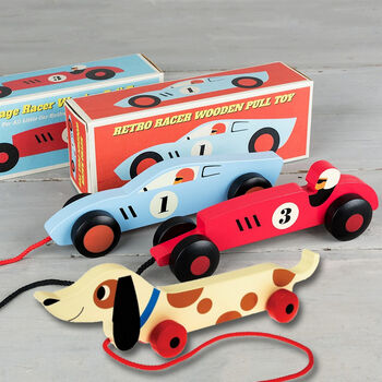 Personalised Wooden Pull Along Blue Racing Car, 3 of 5