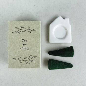 East Of India Matchbox Incence Holder And Two Incence Cones Lime Basil And Mandarin 'You Are Strong', 3 of 3