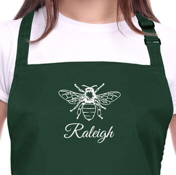 Personalised Bee Apron In Bottle Green, 2 of 5