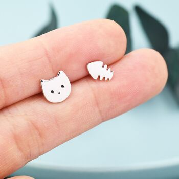 Cat And Fishbone Stud Earrings In Sterling Silver, 7 of 9