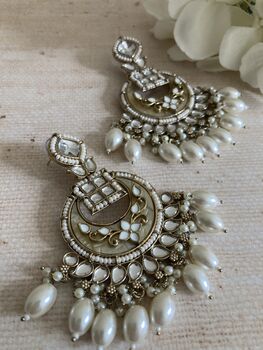 White Antique Gold Chand Bali Indian Earrings, 9 of 9