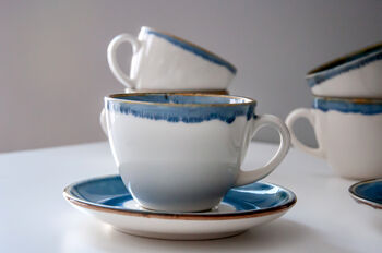 Blue Set Of Six Handmade Porcelain Tea Cup With Saucer, 4 of 10