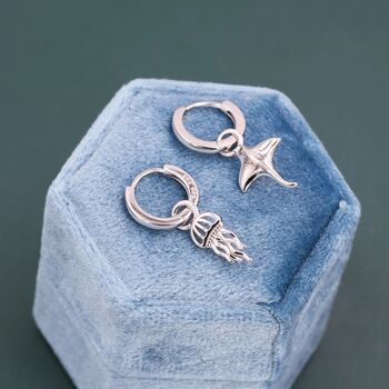 Mismatched Manta Ray Fish And Jellyfish Huggie Hoop Earrings, 7 of 12