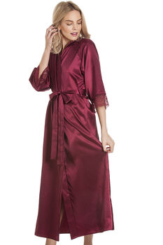 British Made Burgundy Long Satin Dressing Gown With Lace Detail Ladies Size 8 To 28 UK, 2 of 5