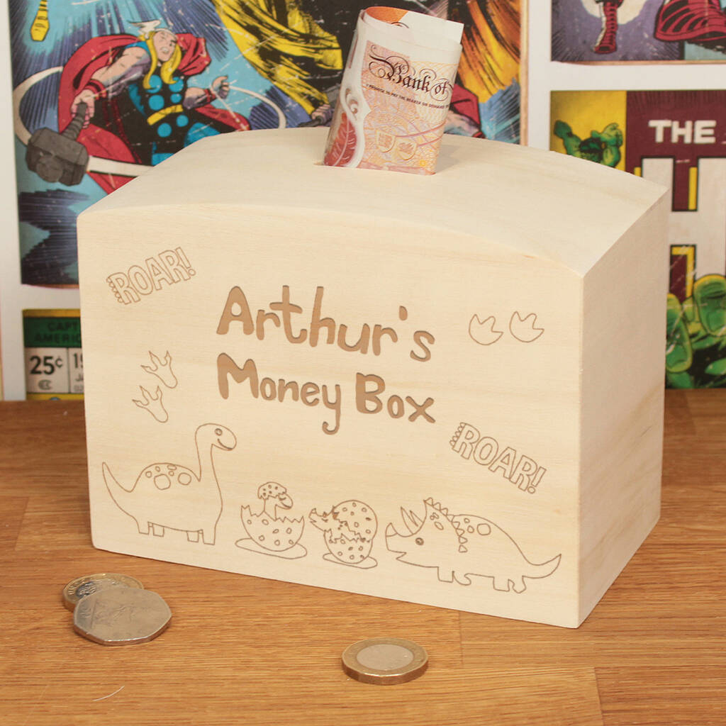 Personalised Dinosaur Engraved Wooden Money Box, 1 of 2
