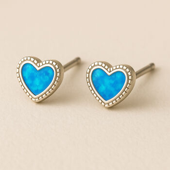 Sterling Silver Blue Opal Heart Stud Earrings, 3 of 5
