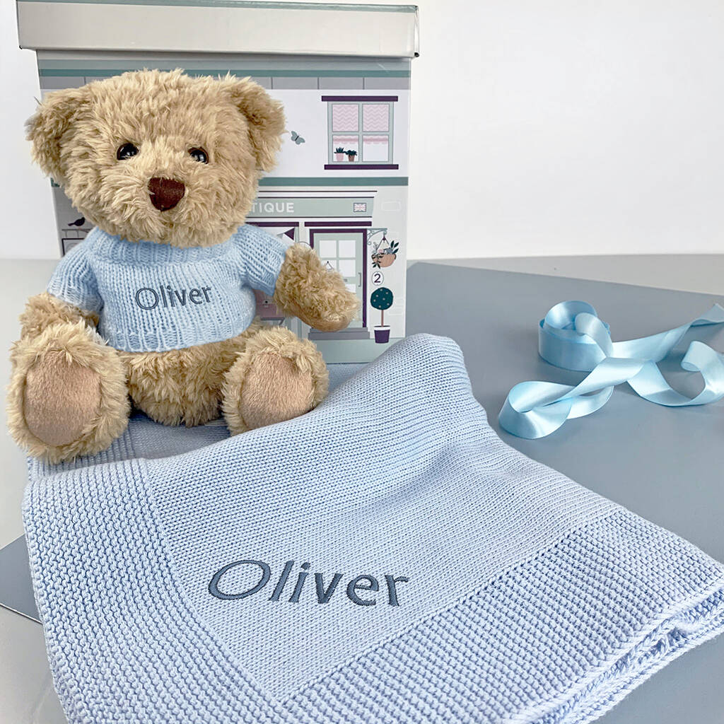 Personalised Baby Teddy Bear 14 with Blanket Blue 