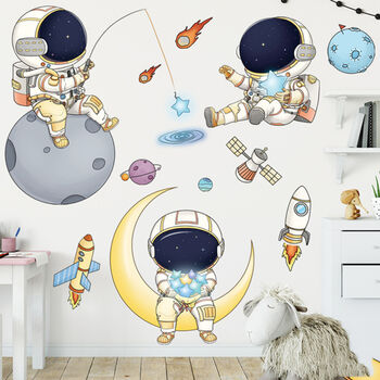 Reduced! Little Astronauts And Cute Space Pup, Removable Vinyl Decal, 2 of 6