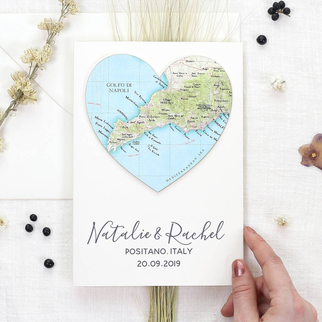 Map Heart Mrs And Mrs Wedding Engagement Card, 1 of 6