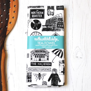 Manchester Illustrated Black And White Tea Towel, 4 of 7