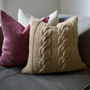 Hand Knit Chunky Cable Cushion In Stone, 3 of 5