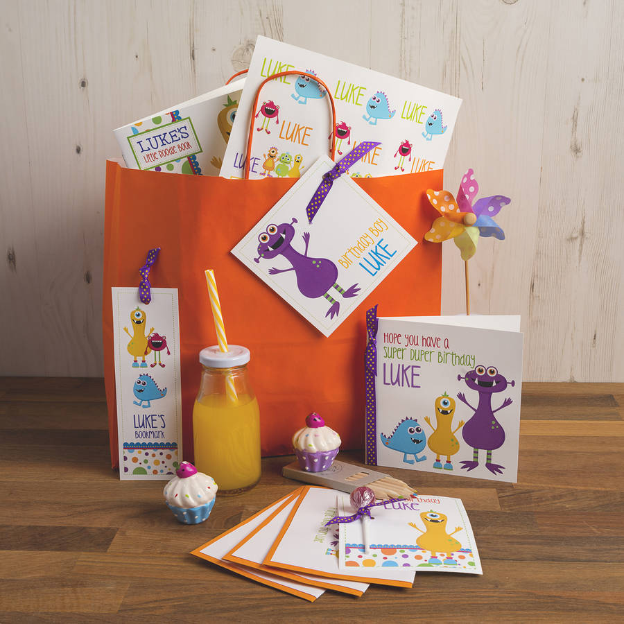 personalised monster gift bag bundle by little tweet stationery