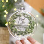 First Christmas As Mr And Mrs Wreath Glass Bauble, thumbnail 5 of 5