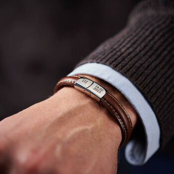 Personalised Three Year Anniversary Men's Leather And Steel Date Bracelet, 4 of 6