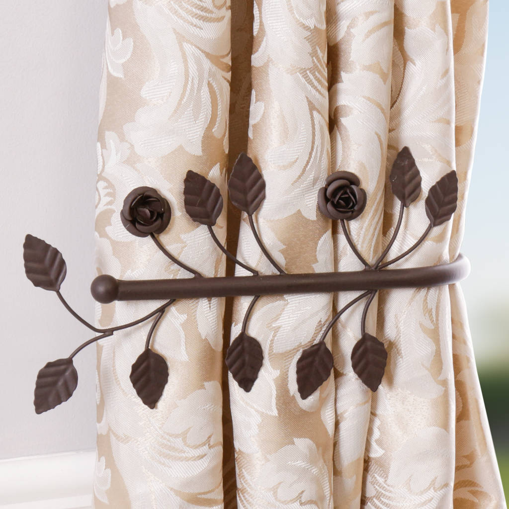 Set Of Two Antique Brown Leaf Curtain Hold Backs By Dibor