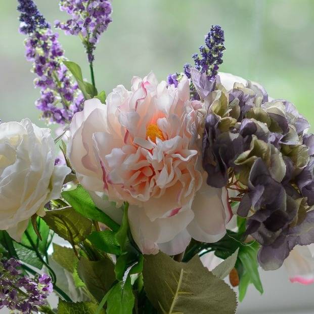 silk peony and hydrangea flowers with farmhouse jug by the flower studio