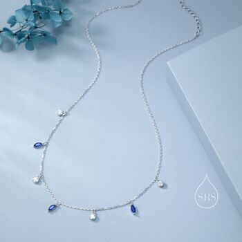 Sterling Silver Sapphire Blue Marquise Cz Dangle Necklace, 2 of 12