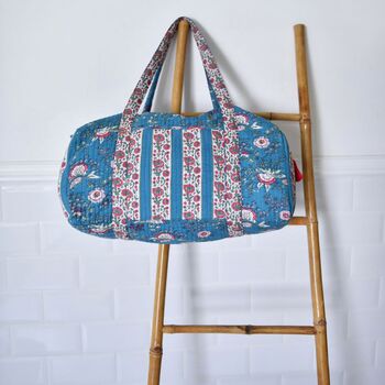 Block Printed Inky Blue And Pink Floral Stripe Quilted Duffle Bag, 2 of 7