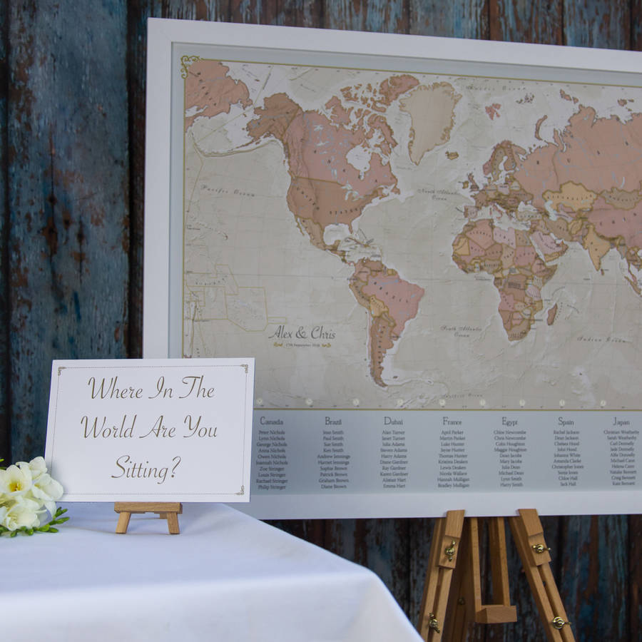 Framed Antique World Map Wedding Table Plan By Maps International