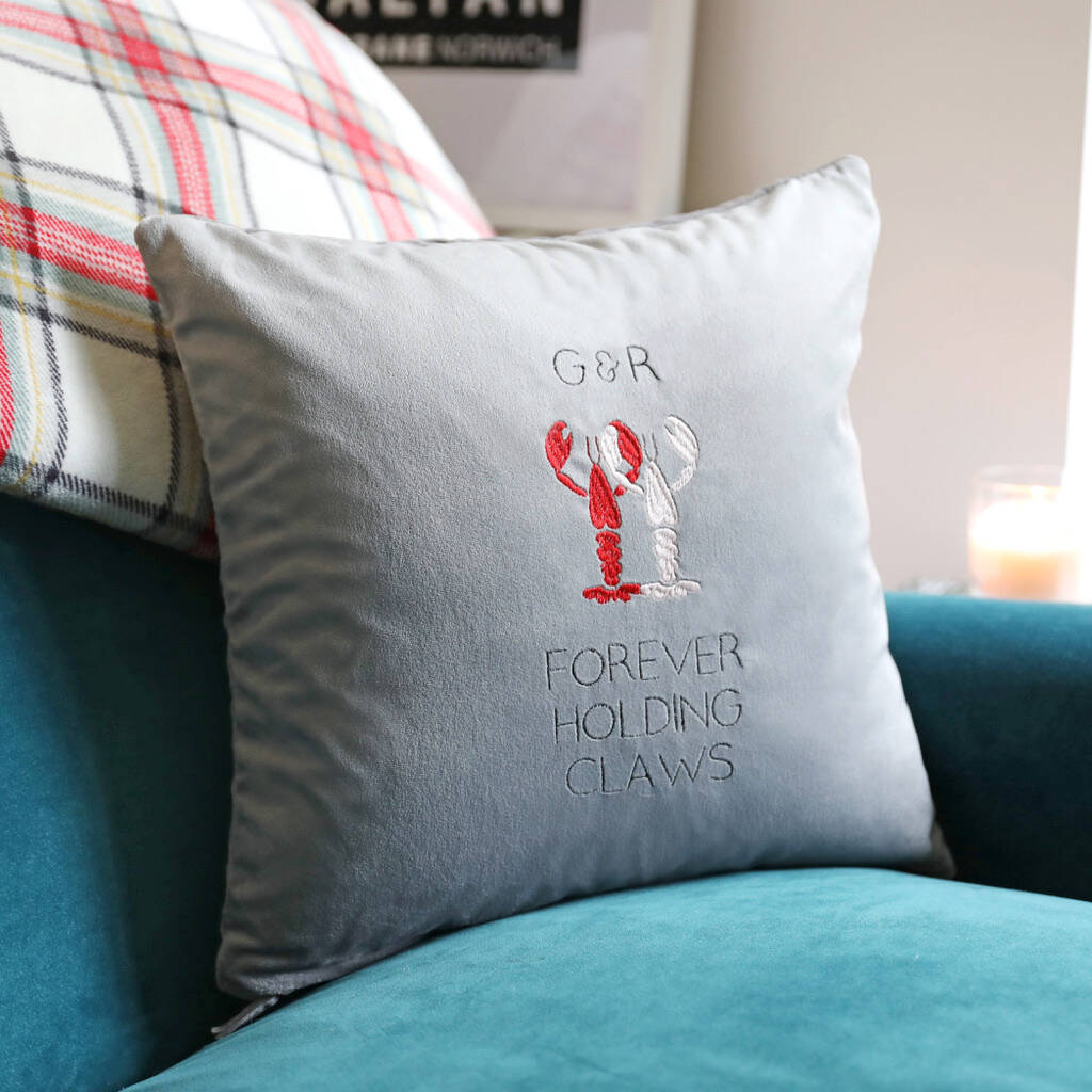 Personalised Embroidered Lobsters Square Velvet Cushion, 1 of 2