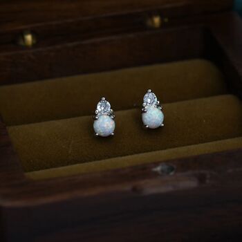 Sterling Silver Tiny White Opal And Cz Stud Earrings, 4 of 11