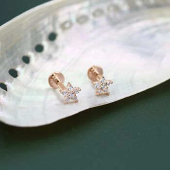 Sterling Silver Tiny Flower Cz Internally Threaded Earrings, 8 of 12