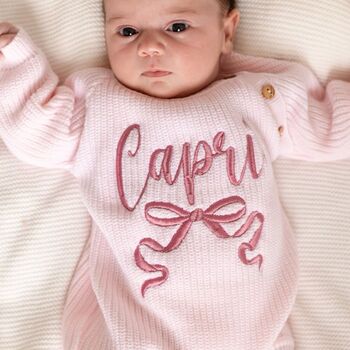 Personalised Embroidered Bow New Baby Cardigan Three Colours Available, 2 of 7