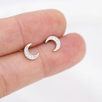 Cz Crescent Moon Stud Earrings In Sterling Silver, 2 of 11
