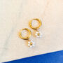 Beaded Pearl Daisy Charm Huggie Hoop Earrings, thumbnail 1 of 2