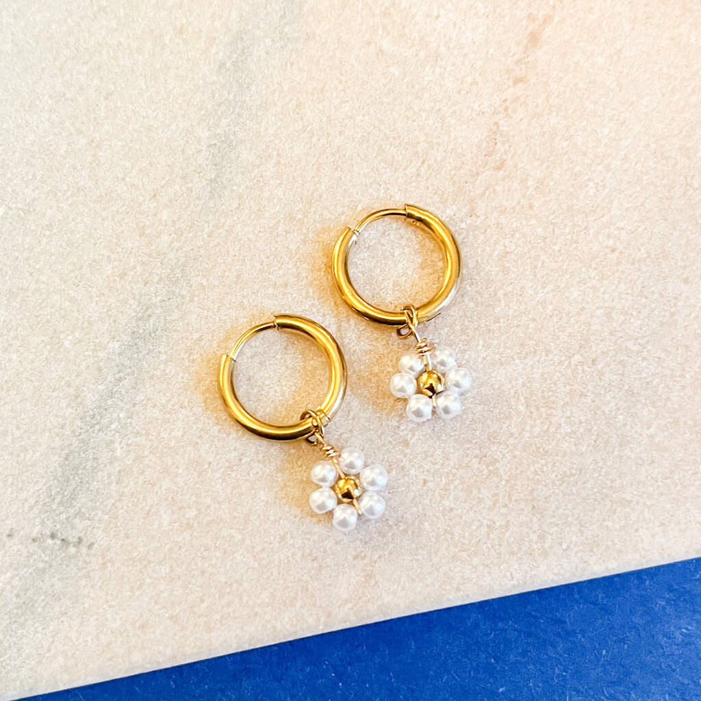 Beaded Pearl Daisy Charm Huggie Hoop Earrings, 1 of 2