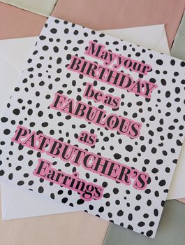 Pat Butcher Earrings Birthday Card – Dalmatian Print Square – Blank Inside, 2 of 4
