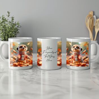 Personalised Autumn Meerkat Playing In Leaves Gift Mug, 2 of 2