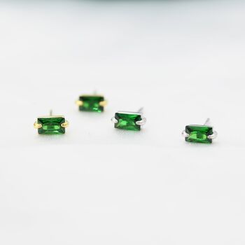 Sterling Silver Tiny Baguette Cut Emerald Green Cz Stud Earrings, 5 of 12