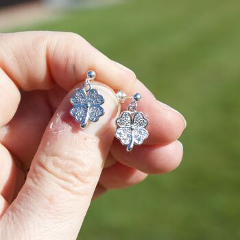 Sterling Silver Crystal Four Leaf Clover Earrings, 2 of 4